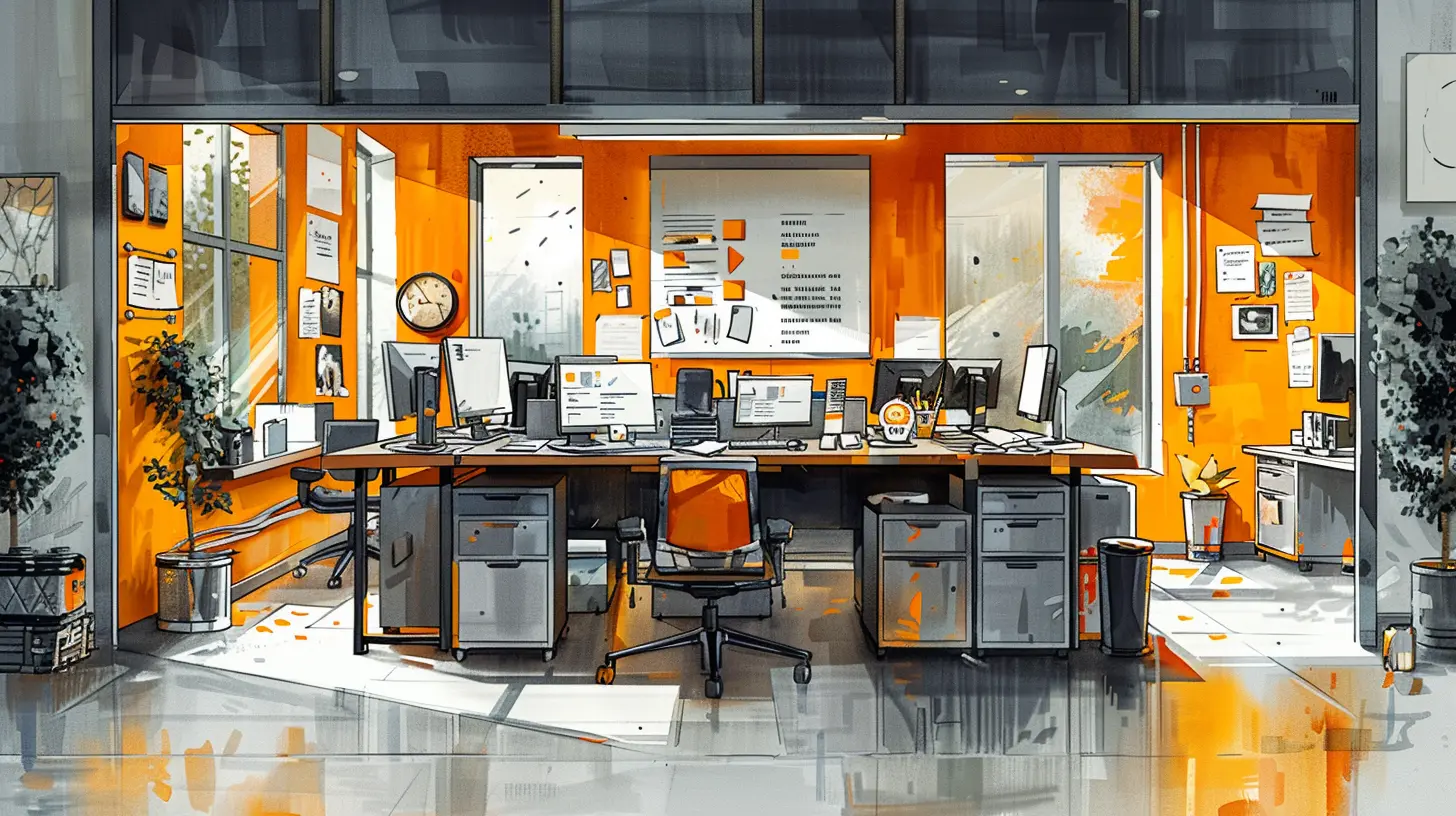 A digital art illustration of an office with desks and computers, with orange walls, a whiteboard on the wall, black furniture, grey accents, in the style of a digital drawing, in the style of a watercolor painting, showing a full body shot, from a wide angle.