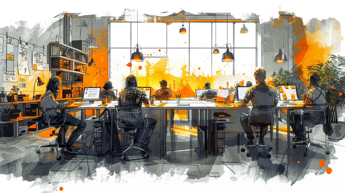 A sketch of an open plan office with people working at desks, with orange and yellow color splashes in the watercolor style. A digital art creative illustration in the style of a digital drawing with a white background, high resolution, high details, high quality, and high sharpness. A full body portrait in a wide angle view.