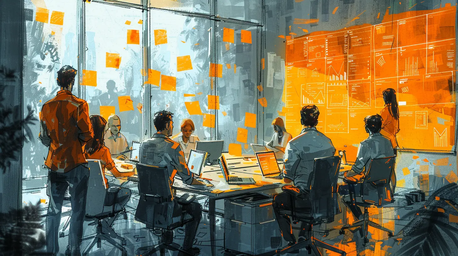 Hand-drawn illustration of a goaly-workshop setting, with people seated loosely around tables, working on business innvovation together, and wall-chart and orange post-it notes in the background.